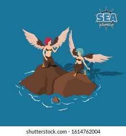 Cartoon sirens in isometric view. Fantasy marine. Pirate game. 3d nymph. Sea girls. Ocean monster. Vector illustration