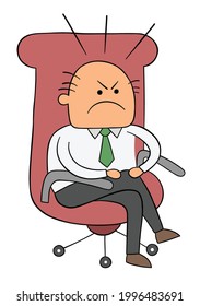 Cartoon sitting in boss chair, legs crossed and nervous, vector illustration. Colored and black outlines.