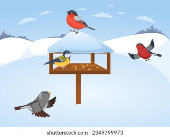 Cartoon sitting bullfinch in flat style. Cute colorful city bird. Isolated element for design. Picture for educational children's book and ornithological encyclopedia. Common European bird.