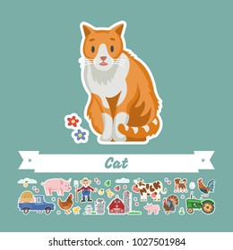 Cartoon sitting cat vector flat illustration. Character isolated funny pet. Farming collection village stickers.