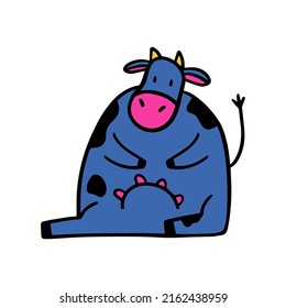 Cartoon sitting cow. Funny animal illustration. Farm animal concept.