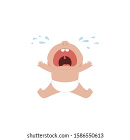 Cartoon sitting and crying little baby with mouth wide open. Vector illustration.