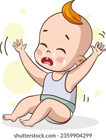 Cartoon sitting and crying little baby boy with mouth wide open. Colorful vector illustration of emotion isolated on white background.