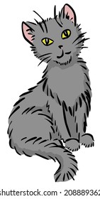 Cartoon sitting gray funny cat. Vector illustration