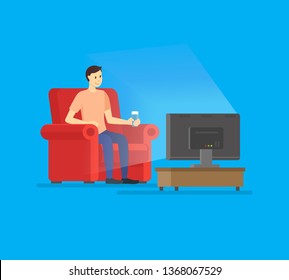 Cartoon Sitting Man Watches TV Concept on a Blue Male Lifestyle and Relaxation Scene Element Flat Design Style. Vector illustration