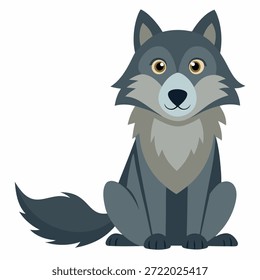 Vista frontal del lobo sentado de dibujos animados. Carácter animal salvaje lindo con la expresión amistosa. Conveniente para los libros de los niños, etiqueta engomada, mascota, cuentos de hadas, logotipo. Ilustración vectorial aislada en el fondo blanco