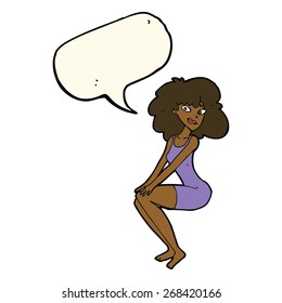 cartoon sitting woman in dress with speech bubble