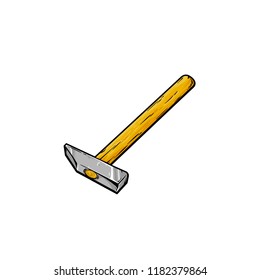 Cartoon skatch of hammer, wood and metal object, vector illustration isolated on white background