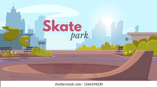 Cartoon skate park with rollerdrom over city landscape advertising poster. Skate ramp for active outdoors activities, extreme sport training. Natural background. Vector flat illustration