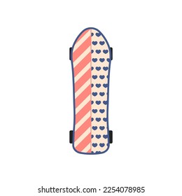 Cartoon skateboard with heart pattern vector illustration. Urban street sport board equipment isolated on white background. Teenage leisure activity, freestyle concept