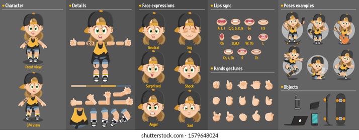 Cartoon skateboarder girl constructor for animation. Parts of body: legs, arms, face emotions, hands gestures, lips sync. Full length, front, three quater view. Set of ready to use poses, objects.