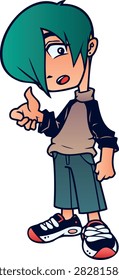 CARTOON SKATER BOY CHARACTER VECTOR ILLUSTRATION. TEENAGER WITH GREEN HAIR, BAGGY CLOTHES AND SNEAKERS IN EMO GRUNGE Y2K STYLE ISOLATED ON WHITE