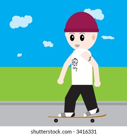 Cartoon skater boy rolling along the side walk