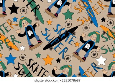 cartoon skater. fancy casual kids style seamless vector pattern for design and decoration