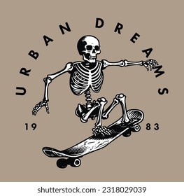 Cartoon skater skull character illustration. Vector graphic for apparel prints, posters and other uses.