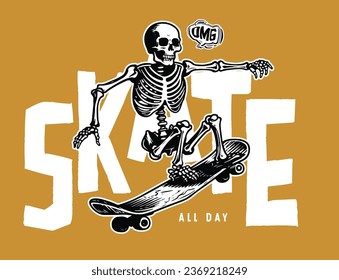 Cartoon skater skull character illustration vector graphic for apparel prints, posters and other uses, skate for t-shirt