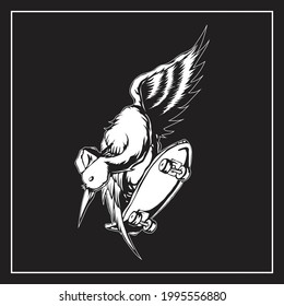 cartoon skater stork ,this image is suitable for a skateboard community near the beach, the illustration of a stork is simple and flexible representing skateboarders who are free without pressure