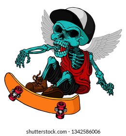 Cartoon Skaters Skull flying with wings, Hand drawn - vector