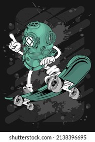 cartoon skating diving helmet  t  shirt design illustration