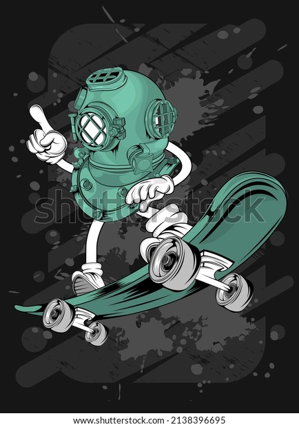 cartoon skating diving helmet, t-shirt\
design illustration