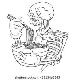 cartoon skeleteon mascot eat ramen coloring illustration