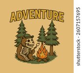 A cartoon skeleton bear sits by a campfire toasting a marshmallow surrounded by trees; great for holiday themes.