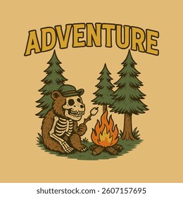 A cartoon skeleton bear sits by a campfire toasting a marshmallow surrounded by trees; great for holiday themes.
