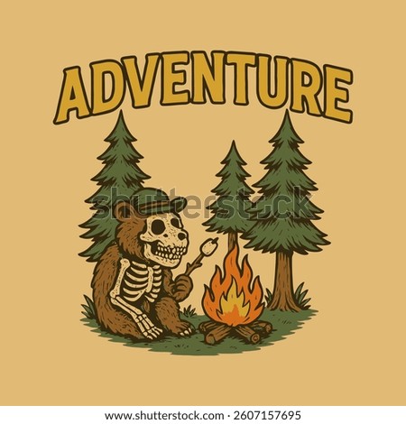 A cartoon skeleton bear sits by a campfire toasting a marshmallow surrounded by trees; great for holiday themes.