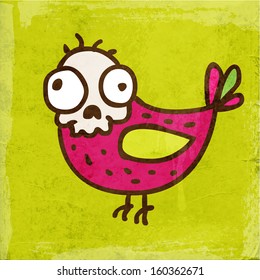 Cartoon Skeleton Bird. Cute Hand Drawn Vector illustration, Vintage Paper Texture Background