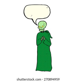 cartoon skeleton in black robe with speech bubble