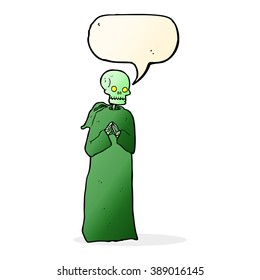 Cartoon-Skelett in schwarzem Gewand mit Sprachblase