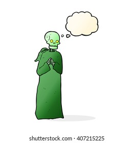 cartoon skeleton in black robe with thought bubble