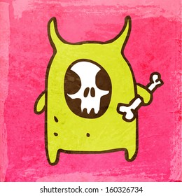 Cartoon Skeleton with Bone. Cute Hand Drawn Vector illustration, Vintage Paper Texture Background