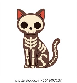 Cartoon skeleton cat illustration with exposed bones and skull face, perfect for Halloween projects, spooky decorations, themed designs, and playful horror elements.