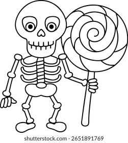 A cartoon skeleton character is depicted holding a large, round lollipop with a spiral pattern. The image is a black and white outline illustration.