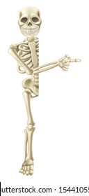 A cartoon skeleton character peeping round a Halloween banner or sign and pointing at its contents