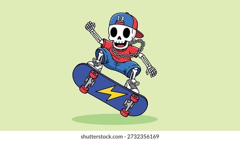 A cartoon skeleton character wearing a cap and casual clothes, performing a trick on a skateboard.