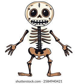 cartoon skeleton with cheerful expression, featuring exaggerated features and playful design. Ideal for Halloween or educational themes