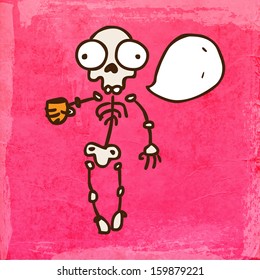 Esqueleto de dibujos animados. Ilustración de vectores de tracción manual, fondo de textura de papel de vintage