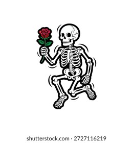 Um esqueleto de desenho animado é retratado em uma pose dançante dinâmica, segurando uma rosa vermelha vibrante em sua mão.