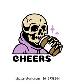 CARTOON SKELETON DRINKS COFFEE  CHEERS COLOR WHITE BACKGROUND