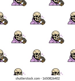 Cartoon skeleton drinks coffee. seamless color pattern white background. 