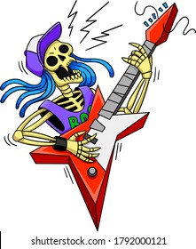 Cartoon skeleton with an electric guitar playing rock music. Vector isolated