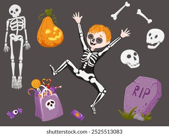 Cartoon skeleton elements. Halloween stickers with a boy dressed up as a skeleton, funny character, grave, pumpkin, bones, candy bag spooky vector set. Illustration of a child in a Halloween costume