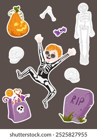 Cartoon skeleton elements. Halloween stickers with a boy dressed up as a skeleton, funny character, grave, pumpkin, bones, candy bag spooky vector set. Illustration of a child in a Halloween costume