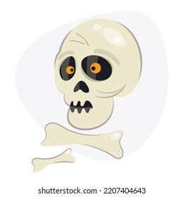 Cartoon skeleton flat skull and bones isolated on white background. Halloween icon, clip art, digital design element, pirate symbol, sign, sticker. Vector isolated illustration.