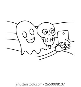 Cartoon skeleton ghost taking a selfie with a smartphone on vector