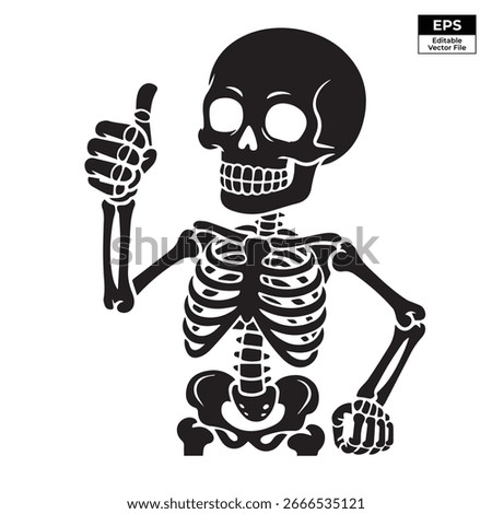 A cartoon skeleton giving a thumbs up with black bones and a white background vector illustration