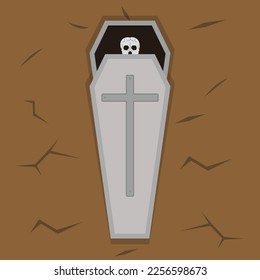 cartoon skeleton in half open casket sketch engraved vector illustration. T-shirt print design. Scratchboard imitation. Images .