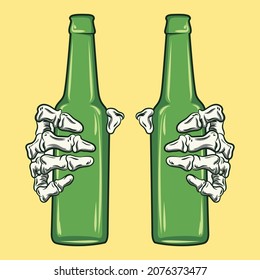 Cartoon skeleton hand holding beer bottle